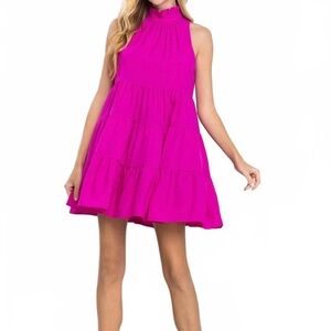 TCEC Fuchsia Tiered Sleeveless Babydoll Dress with Pockets